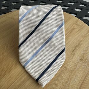 CROMBIE Men's Silk Luxury Necktie White/Blue/Black Striped Handmade in Italy